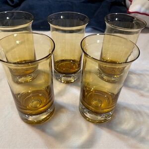 Vintage Amber Retro Set Of 5 Glassware Drinking Glasses Weighted Base